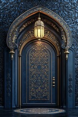 Obraz premium luxury dark blue islamic traditional arch curved with transparent elegant ornaments and beautiful lantern 