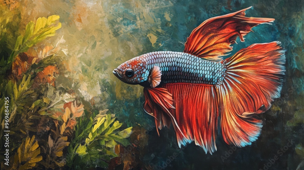 Poster detailed view of a majestic betta fish with a full display of its colorful fins and dynamic posture,