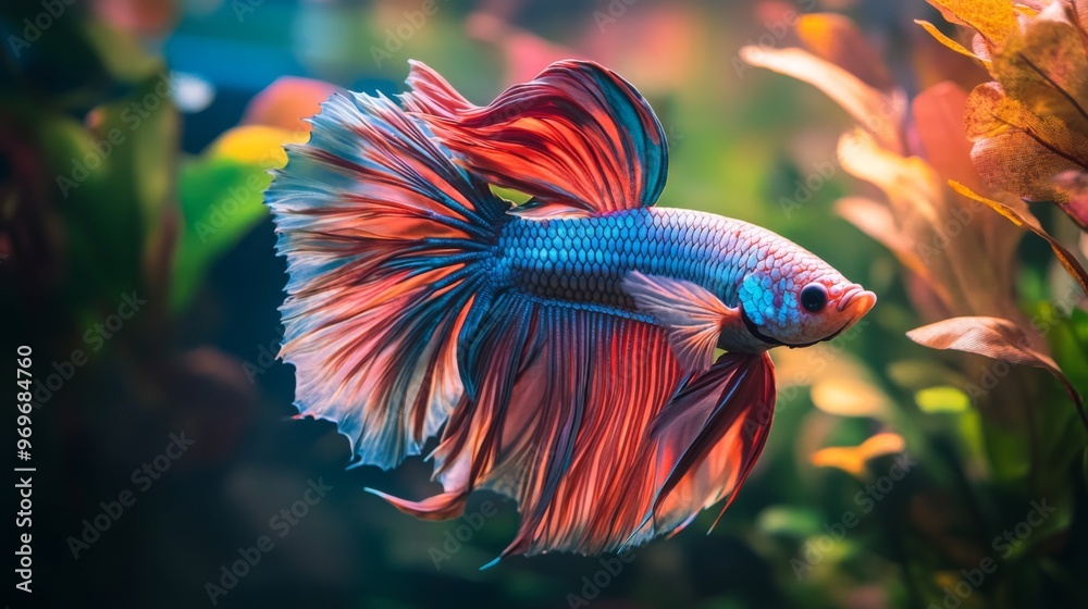 Poster detailed view of a majestic betta fish with a full display of its colorful fins and dynamic posture,