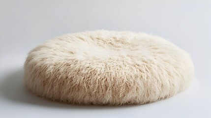 Soft fluffy and inviting furry cushion or pillow in a neutral minimalistic and contemporary design  Cozy and comforting home decor item against a clean white background
