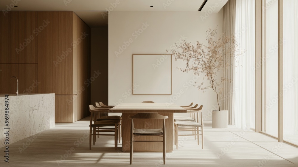 Aufkleber Detailed view of a minimalistic dining area with a simple table, elegant chairs, and understated decor, creating a refined and open dining space.