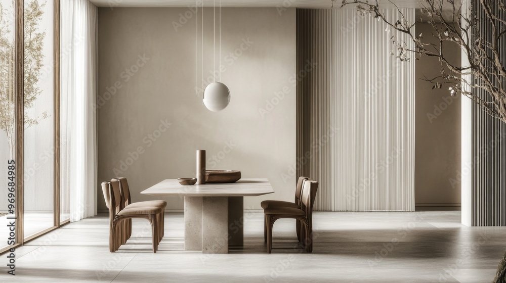 Aufkleber Detailed view of a minimalistic dining area with a simple table, elegant chairs, and understated decor, creating a refined and open dining space.