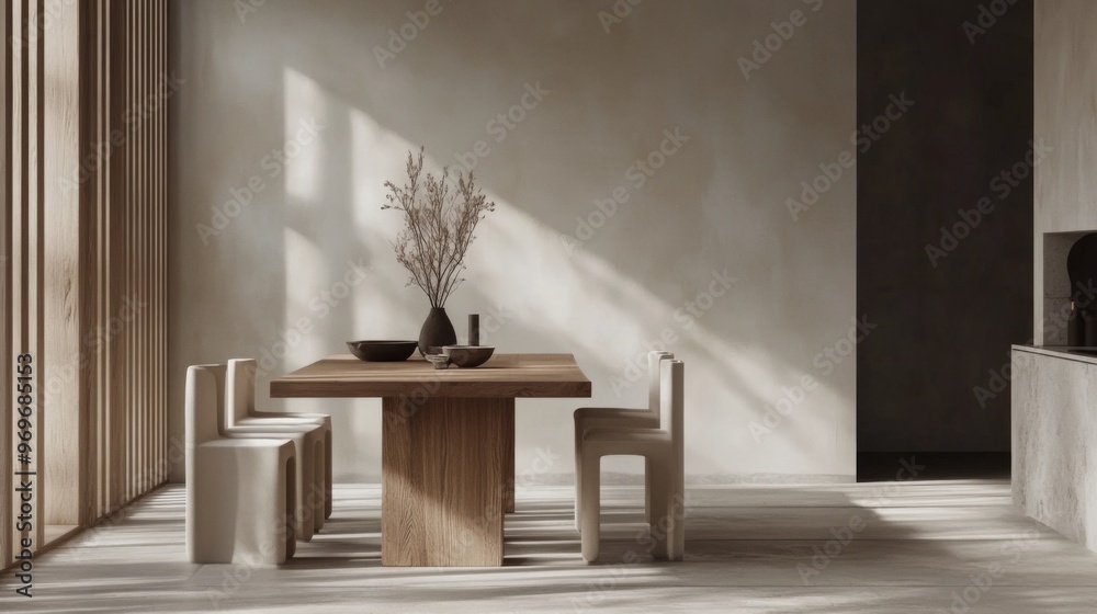Aufkleber Detailed view of a minimalistic dining area with a simple table, elegant chairs, and understated decor, creating a refined and open dining space.
