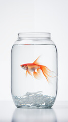 image of a fish swimming inside a large glass jar on a white background. 