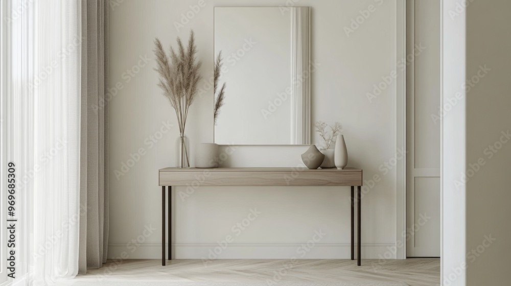 Poster Detailed view of a minimalistic dining area with a simple table, elegant chairs, and understated decor, creating a refined and open dining space.