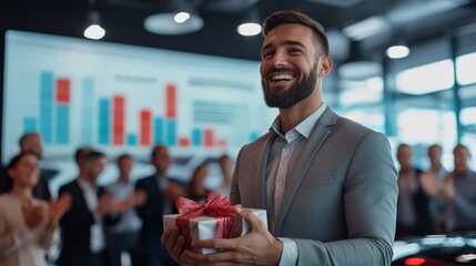 A Salesman receives gift after achieving annual sales record behind higher sales graph than colleagues