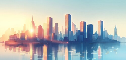 Fototapeta premium Digital Illustration of Urban Skyline with Skyscrapers and Buildings Reflecting in Water. Represents City Development and Modern Architecture.