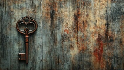 Vintage Key on Rustic Wood Background.