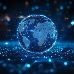blue hologram globe with world map with glowing data streams, ai global communication networks, virtual reality simulations, geospatial data visualization, and interactive educational experience