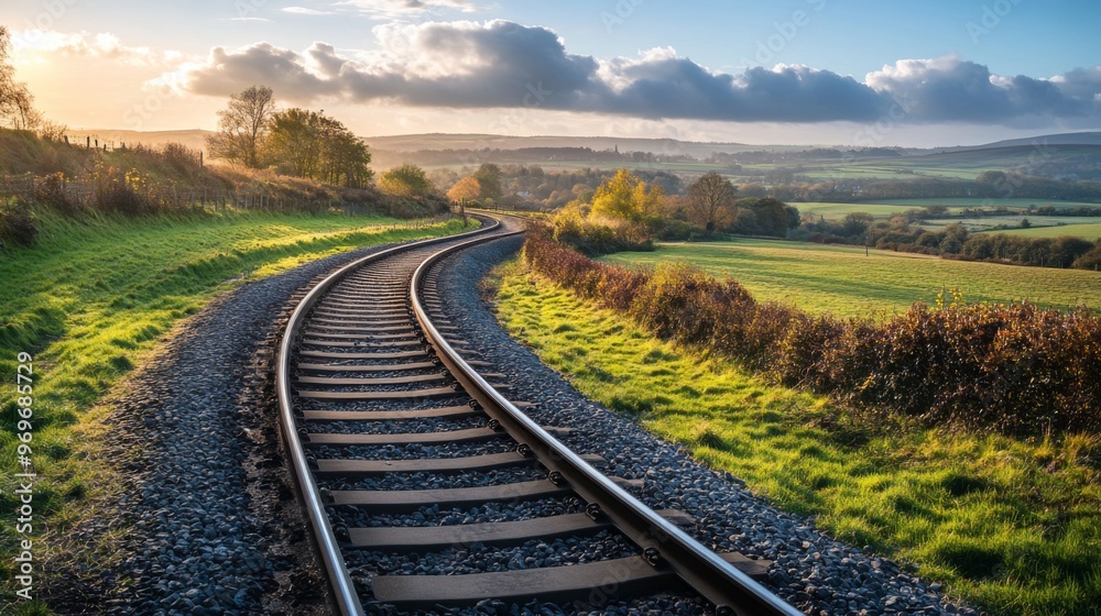 Poster detailed view of a railway track curving through a scenic countryside, with emphasis on the tracks, 
