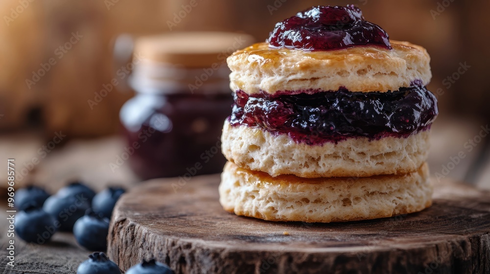 Poster promote your morning treat with this concept banner featuring a biscuit topped with luscious blueberry jam add your own text