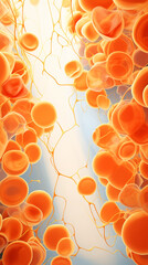 image of fat cells within the human body on a white background. The fat cells should be depicted in close-up detail, showcasing their round, plump shape and internal lipid droplets