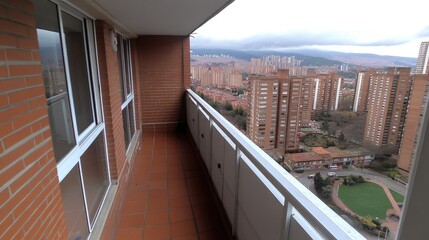 Obraz premium The balcony overlooks, offering a vibrant view of the city, with buildings interspersed with greenery and a park nestled in the mountains under a clear blue sky
