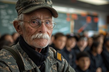 Fototapeta premium An older veteran addresses a group of young students in a classroom setting during a special event
