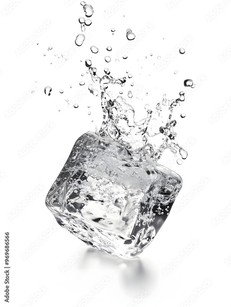 Poster splashing crystal clear ice cube in dynamic motion creating a mesmerizing display of water droplets 