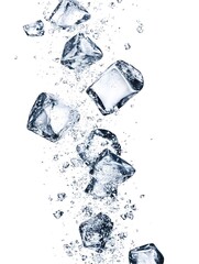 Splashing crystal clear ice cubes cooling off in refreshing water splash  Icy cold transparent glossy ice cubes creating a refreshing wet and chilling background
