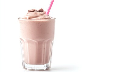 A delicious pink milkshake topped with chocolate pieces, served in a clear glass with a straw, perfect for a sweet treat.