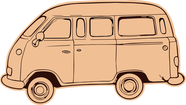 recommend clip art: Isolated hand drawn retro van in sticker illustration, outline  vector of cute car clipart for vehicle, campervan, transportation, car, automobile, travel, vacation, sketch, scrapbook, children book