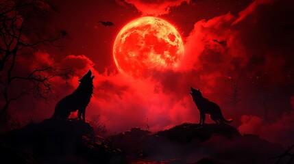 Two wolves howl under a dramatic red moon, creating an eerie atmosphere filled with mystery and nature's wild beauty.
