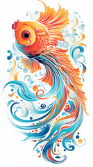 A graphic illustration of a colorful fish set against a solid white background. 