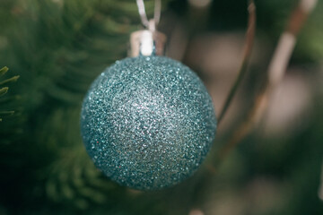 christmas tree decorations close up on the fir tree