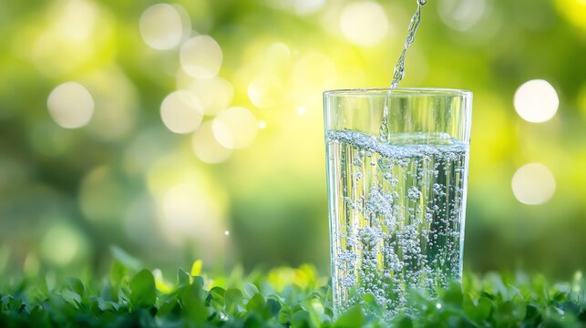 Fresh water pouring into a glass surrounded by lush greenery, showcasing purity and hydration in a vibrant environment.