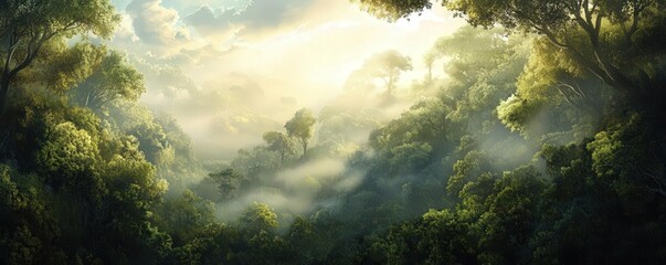 Fototapeta premium Illustrate a dreamy panoramic view of a mystical forest at dawn, where sunlight filters through lush trees, playing with shadows and ethereal mist