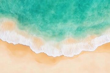 Obraz premium Illustrate an aerial view of a pristine beach meeting a crystal-clear ocean, blending seamlessly under the warm sunlight in a watercolor style