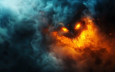 Fototapeta premium A menacing figure emerges from vibrant clouds, showcasing fiery eyes and an eerie smile, evoking fear and intrigue.