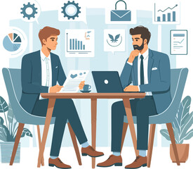 Partners meeting for business discussion with documents and laptop on desk. Couple at round table, speaking, discussing work, partnership. Flat vector illustration isolated on white background