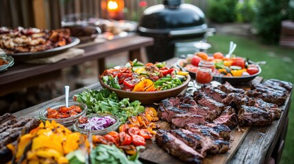 Obraz premium Friends gather around a beautifully arranged outdoor barbecue, enjoying grilled steaks, colorful salads, and a lively atmosphere as the sun shines down