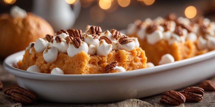 A sweet potato casserole topped with marshmallows and pecans.