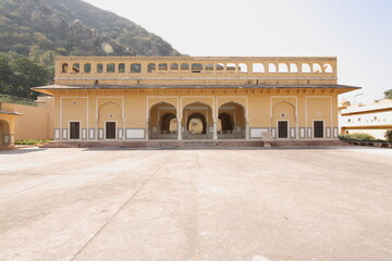 Vidyadhar Garden Jaipur, Rajasthan India November 2018. A pictures with greenery, fountains, mountains, peacock paintings and structures, showcasing a unique blend of Mughal and Rajput architecture.