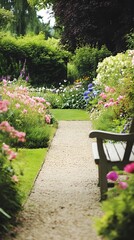 A serene garden path bordered by blooming flowers, leading to a tranquil seating area, with ample space for text