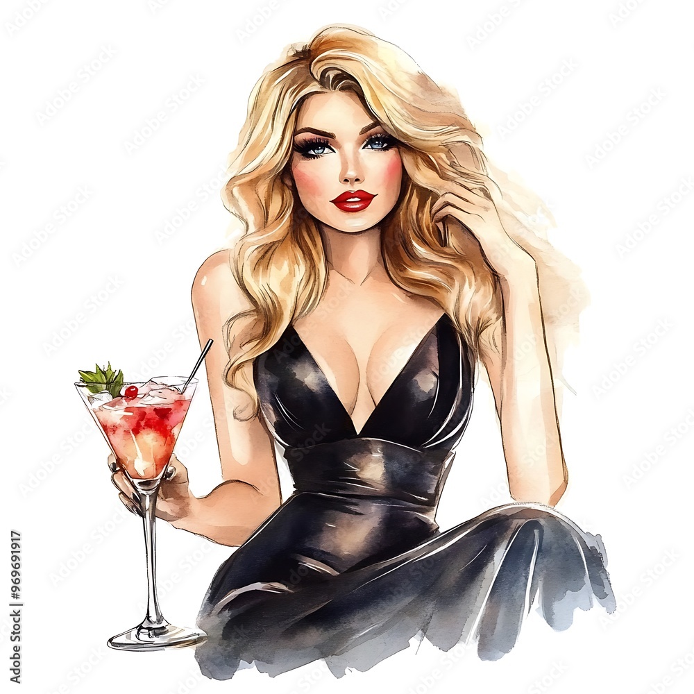 Canvas Prints glamorous woman in black dress with cocktail.