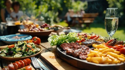 Obraz premium Friends gather in a sunny garden for a lively barbecue, enjoying a feast of grilled meats, fresh salads, and seasonal vegetables amidst laughter and good company