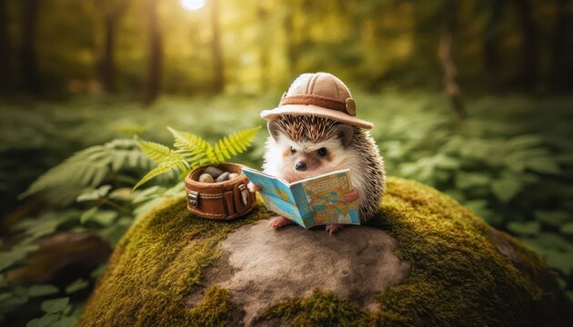 A hedgehog in a hat reading a map in a lush forest setting.