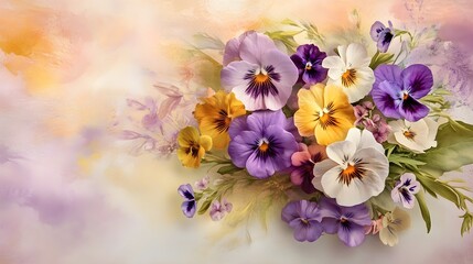 A beautiful arrangement of daisies and pansies on a soft pastel backdrop, highlighting the intricate details of each flower