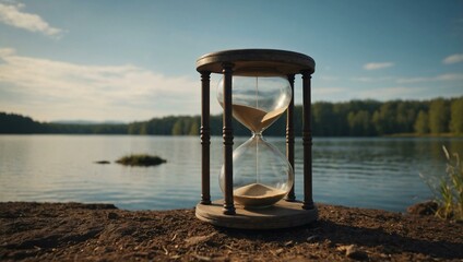 Hourglass by a lake, symbolizing the passage of time.