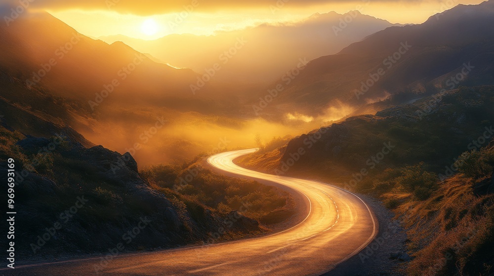 Poster high-definition image of a mountain road at sunrise, with the early light casting a warm glow over t