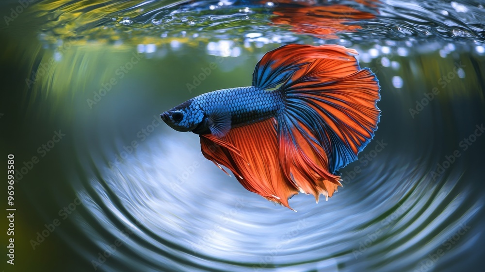 Poster High-definition shot of a Betta fish showcasing its unique fin patterns and vibrant colors, with gentle ripples in the water adding to the serene atmosphere.