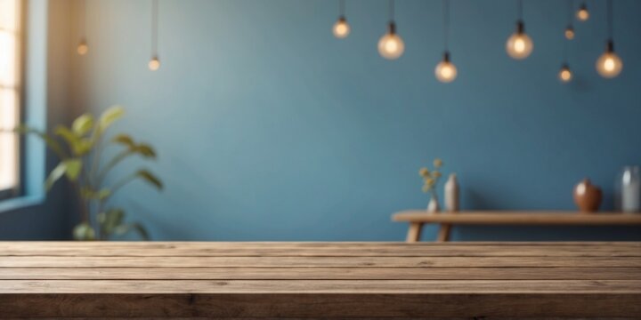 empty space wooden table top on blue wall background with window sunlight mockup scene display for products presentation.