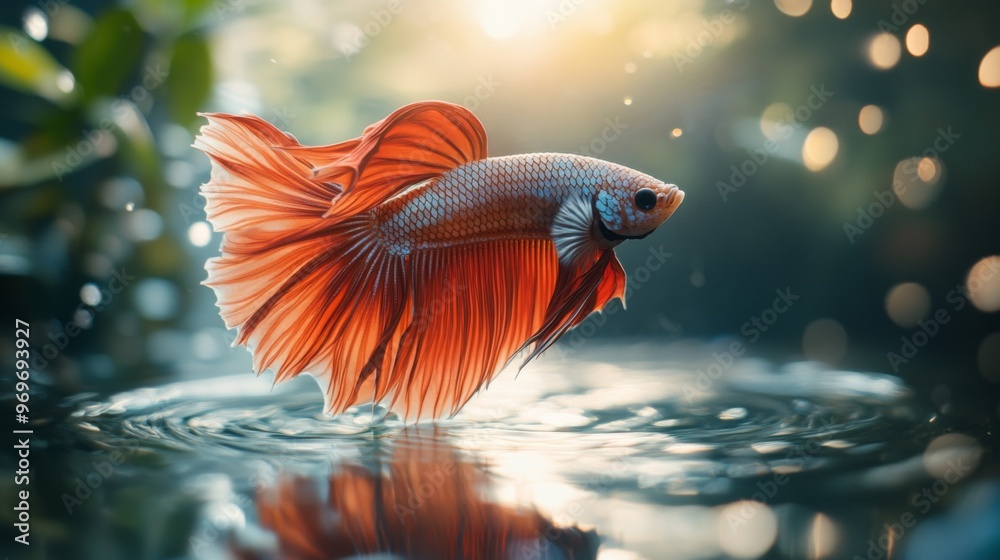Poster High-definition shot of a Betta fish showcasing its unique fin patterns and vibrant colors, with gentle ripples in the water adding to the serene atmosphere.