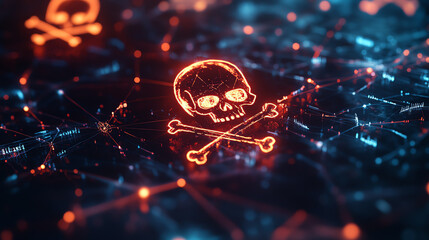 Cloud network diagram with skull and crossbones icons, glowing data lines connecting pirate ships, dark and mysterious, digital piracy network with a rebellious edge