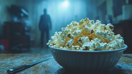 Popcorn bowl with a silhouette in the background, creating suspense