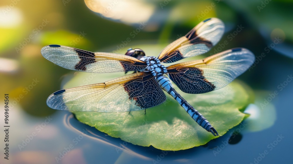 Aufkleber High-definition shot of a dragonfly resting on a leaf, with a focus on its intricate wing patterns and colorful body, set against a natural backdrop.
