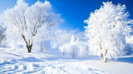 Fototapeta premium A serene winter landscape featuring snow-covered trees and a clear blue sky, perfect for a calming backdrop
