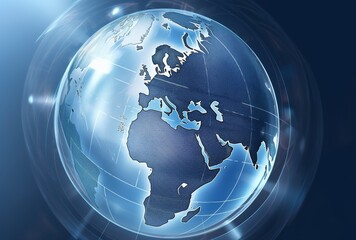 Glass Sphere with World Map Inside Highlighting Global Trade and Business Growth Through B2B Marketing. Viewed from Above Against Isolated Blue Background