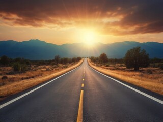 Fototapeta premium Traveling on a deserted road toward the sun.