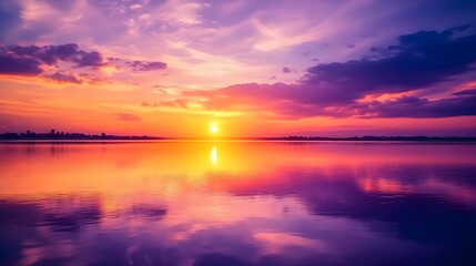 Fototapeta premium A breathtaking sunset sky painting the horizon with vibrant oranges and purples, casting a warm glow over a tranquil lake